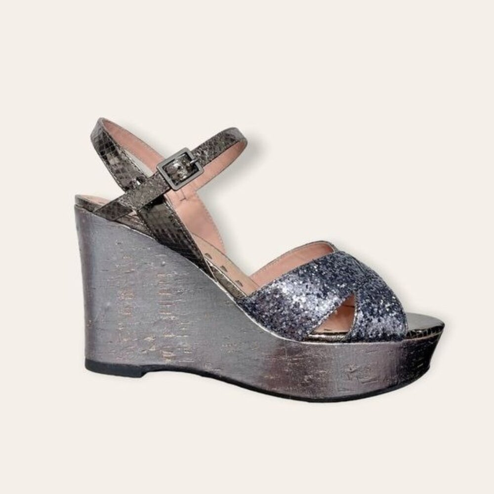 LIBBY EDELMAN Willow Wedge Glitter Platform Sandals - Pewter - 6.5
